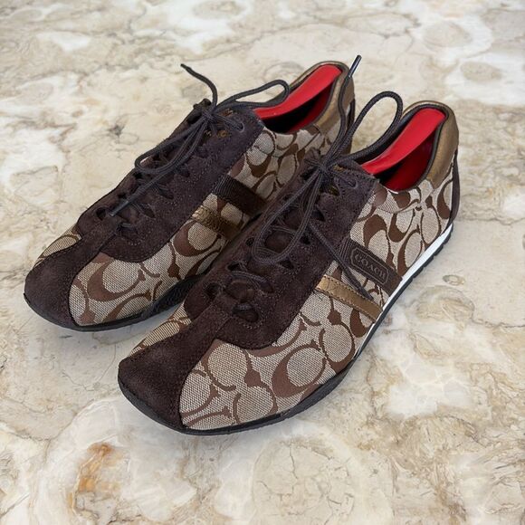 Coach Katelyn Sneakers C Monogram Leather Gold Brown Tan Classic - Picture 2 of 14